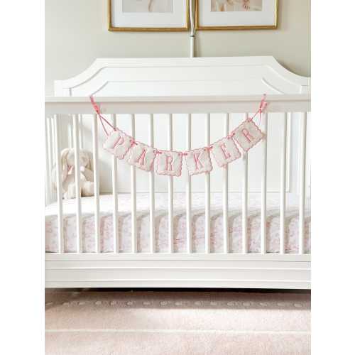 Personalized Pink Toile Name Banner – Baby Girl Name Garland for Nursery, Crib, or Baby Shower Decor – Custom Embroidered Appliqué Sign