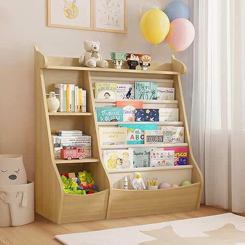 FKWin Bookshelf for Kids Room - 4 Tier Toddler Book Shelf with 5 Sling Pockets，Deer Design Nursery Storage Organizer for Books Nature