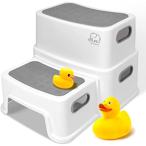 Forbena Toddler Step Stool for Bathroom Sink, 2 Step Stool for Kids Toilet Potty Training, Non-Slip Toddlers Baby Child Kid Plastic Poop Stools with Handle for Kitchen Counter Bed (White-Grey)