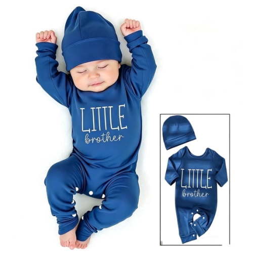 Ylsteed Newborn Photography Outfits "Little Brother" Bodysuit Baby With Button Long Sleeves Romper Letter Print Jumpsui+Hat Daily Wear