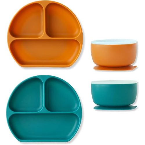 Dittobaby Silicone Suction Feeding Set, 4 Pack Divided Plate & Bowl Combo, Toddler Dishes, BPA-Free, Non-Slip, Microwave Dishwasher Safe, Unbreakable Kids Tableware