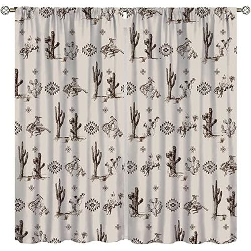 Western Cowboy Curtains, Retro American Wild West Cowboy Aztec Tribal Navajo Southwestern Theme Beige Print Drapes for Kitchen Living Room Bedroom Window Treatment, 42x63 Inch