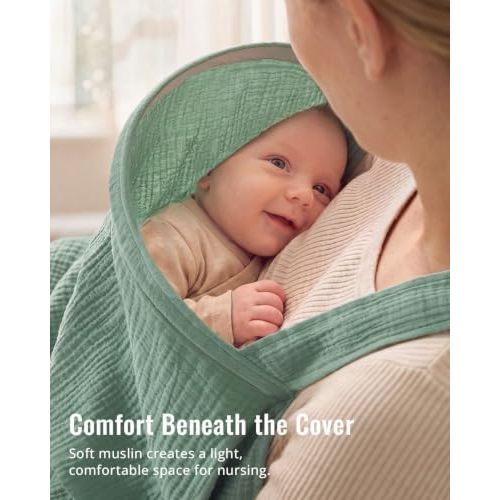 Blissful Diary Muslin Nursing Cover for Breastfeeding, Breathable Breastfeeding Cover up with Arch Neckline for Women, Nursing Apron (Roman Green)
