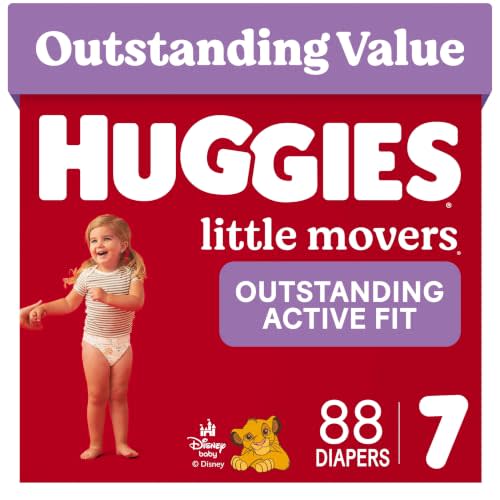 Huggies Little Movers Diapers Size 7, 88 Count (2 Packs of 44) | Double Grip Strips, Blowout Protection, Secure Flexible Fit, Up to 12-Hour Protection, Dry Touch Liner, Wetness Indicator