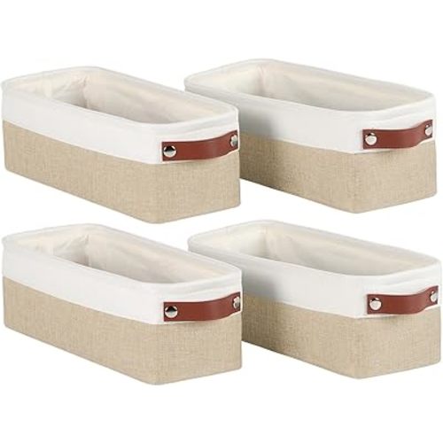 Univivi 4PC Long Narrow Storage Baskets, Small Fabric Storage Bins with PU Handles for Closet,Cabinet,Countertop Organizing Small Items(Khaki-15x6x5 inch)