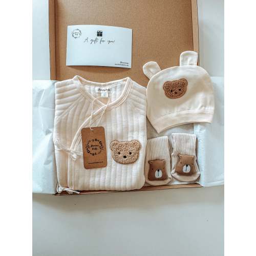 Personalised Baby Bear Gift Set of 3| Peachy Cream Cotton Romper, Beige Bear Socks, Bear Beanie Hat |Cute Gender Neutral Gifts for Babyshowe