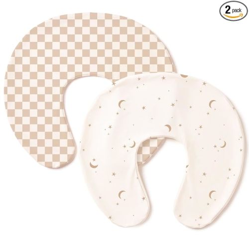 Konssy 2 Pack Nursing Pillow Covers, Stretchy and Soft Nursing Cover for Breastfeeding Pillows, Pillow Slipcover for Baby Girls Boys Newborn (Moon,Coffee Check)