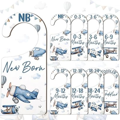 CORNER LACE Baby Closet Dividers 8PCS, Airplane Themed Wooden Double-Sided Clothes Size Hanger/Organizer from Newborn to Toddler for Nursery Decor Baby Shower Birthday Gender Reveal Party Gift