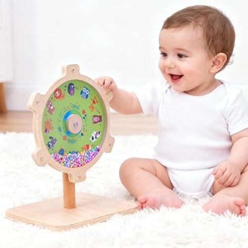 Spinning Activity Drum Toy with Sound, Montessori Wooden Sensory Toy for Babies, Perfect Birthday & Party Gift for 6-18 Months+