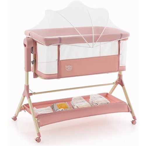 BABY JOY Bassinet, 3 in 1 Rocking Bedside Bassinet w/Storage Basket, Universal Wheels, Adjustable Height, Mattress, Net & Portable Bag, Carriable Crib Baby Bassinets Bedside Sleeper (Pink)