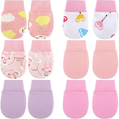 6 Pairs Newborn Baby Mittens No Scratch Gloves Infant Toddler Anti Scratch Essentials Unisex Cotton for 3-9 Months Girls Boys(Pink Series, Cute)