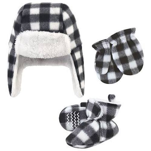 Hudson Baby Unisex Baby Trapper Hat, Mitten and Bootie Set, Black White Plaid