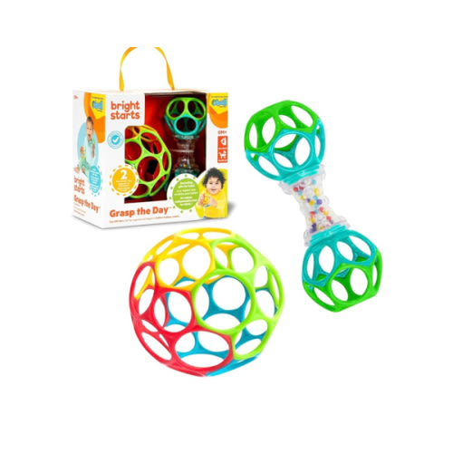 Bright Starts Easy-Grasp Oball Bundle Gift Set - Grasp The Day, Ball and Rattle Toys 2-Pack, BPA Free, Unisex, Newborn+