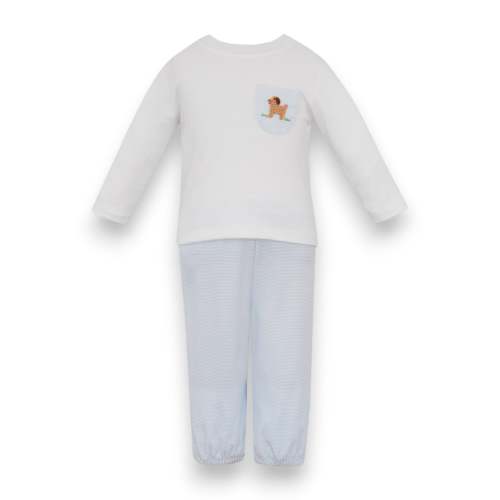 Petit Bebe Puppies Boy's Lt Blue Knit Stripe Boy's Pant Set L/S W/Whit