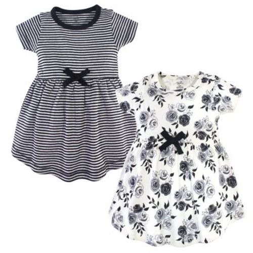 Touched by Nature Baby and Toddler Girl Organic Cotton Short-Sleeve Dresses 2pk, Black Floral, 0-3 Months