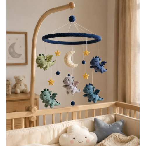 Crochet Dragon Flight Nursery Mobile, Moonlit Constellation Crib Hanging, Whimsical Fantasy Baby Room Art