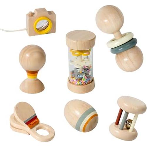 Amazon.com: 7 Pcs Wooden Baby Toys Set, Organic Rattles & Montessori Musical Toys