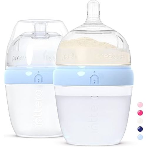 INTTERO Baby Bottles with Built-in Formula Dispenser, Anti-Colic Wide Neck Design for Newborn Feeding and Everyday Baby Essentials, 6 Oz Slow Flow (2 Pack), Cute Blue