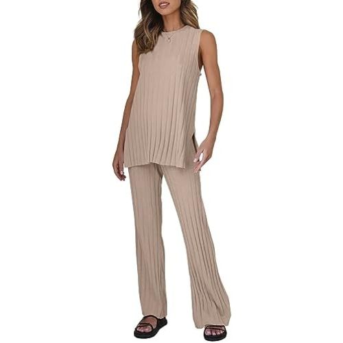 Tankaneo Two Pieces Outfits Sleeveless Top Knit Sets Trendy Lounge Long Pajamas Set - Camel