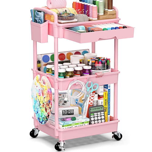 SUNALLY 3 Tier Rolling Utility Cart with Removable Drawer, Lockable Wheels, Pink, Tool-Free Assembly