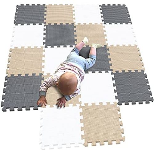 Yostrong® 18 Tiles Interlocking Puzzle Foam Baby Play Mat with Straight Edges for Playing - EVA Babies Crawling Mat | Rubber Floor Work Out Mats for Home Gym. Brown, Beige, Gray. YOC-FJLb18S18 - 18 Tiles + Straight Edge