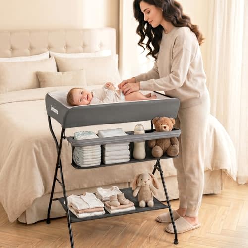 INFANS Baby Changing Table, Folding Diaper Station Portable Nursery Organizer with Safety Belt and Large Storage Racks for Newborn Baby and Infant (Grey)