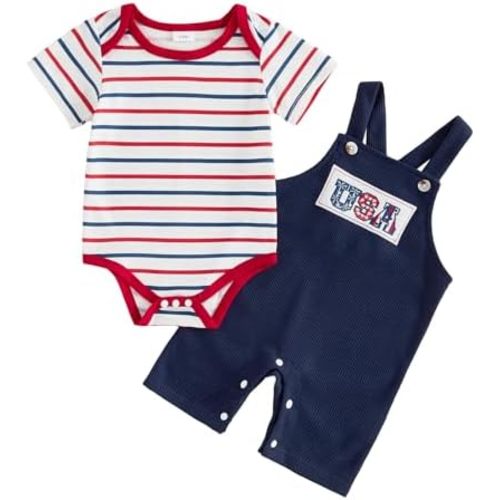 4th of July Baby Boy Girl Outfit Patriotic Striped Romper Flag Embroidery Overalls Newborn Baby Summer Clothes