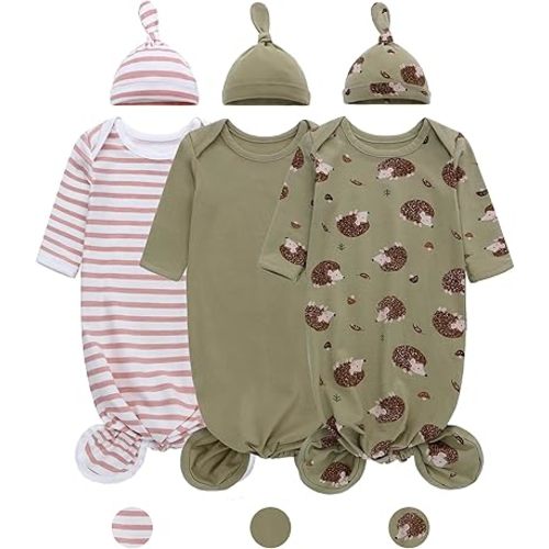 LAT Newborn Knotted Gown for Boy Girls,Baby Tie Gown Nightgown,Baby Sleeper with Matching Hat Set 3 Pack,Sleepwear Romper Sleeping Bags Outfits Home(Green+Hedgehog+Pink Stripes,0-3months)