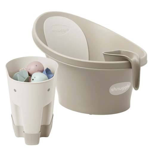 Baby Bathtime Essentials Bundle | Baby Bath Tub, Rinse Jug, and Ellie Bath Toy Scoop - Taupe