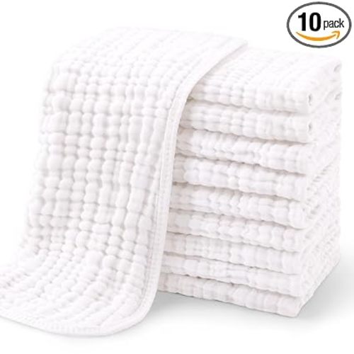 Yoofoss Muslin Burp Cloths for Baby 10 Pack 100% Organic Cotton Baby Washcloths for Boys Girls Large 20''X10'' Super Soft and Absorbent White