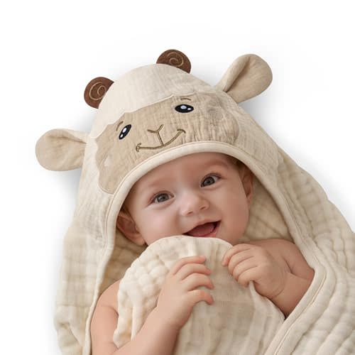 Blissful Diary Muslin Baby Hooded Towel 1 Pack, Soft & Absorbent Bath Towel for Infant, Toddler, Unisex, Baby Gift, Newborn Essentials, Gentle Lamb