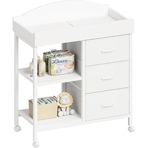 Changing Table Dresser, Baby Dresser with 3 Fabric Drawers and 2 Shelves, Multi-Functional Baby Changing Table with Pad, Classic Nursery Dresser, Diaper Changing Station for Nursery, White