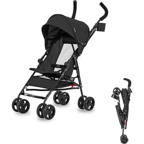 Dream On Me Rover Convenience Baby Stroller – Lightweight & Compact Travel Umbrella Stroller, Quick One-Hand Fold, Lockable Rear Wheels, Adjustable Canopy, 3-Point Safety Harness & Cup Holder - Black