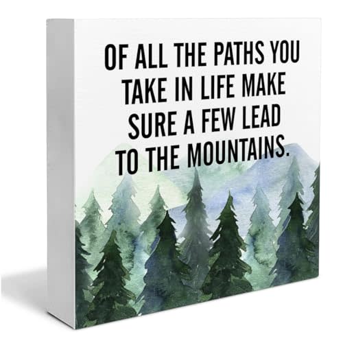 Inspirational Quote Desk Wooden Sign Decor of All the Paths You Take in Life Square Desk Decoration Watercolour Mountain Art Wood Block Box Sign for Shelf Home 5 x 5 Inches