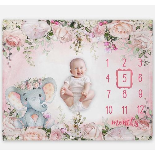 Yuzioey Baby Girl Monthly Milestone Blanket, Floral Elephant Month Blanket for Newborn Baby Shower, Pink Elephant Girl Flower Blanket Growth Chart Monthly Blanket, Includes Marker (50x40)