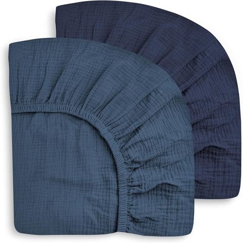 SWEET DOLPHIN 2-Pack Muslin Crib Sheets for Boys & Girls, Ultra Soft Breathable 40S Long-Staple Cotton Fitted Baby Sheets for Standard Crib Mattress 52"x28", Deep Navy- Nursery Essentials