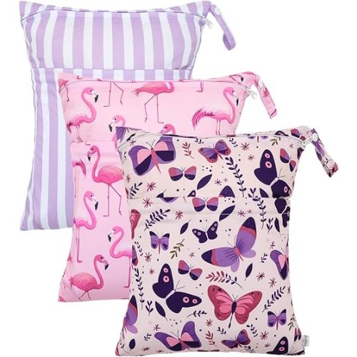 babygoal Wet Dry Bags 3 Pack, Waterproof Travel Bags for Swimsuits, Beach, Pool, Gym,Food Storage and Wet Clothes(Butterfly,Flamingo,Stripe),3LN44-B