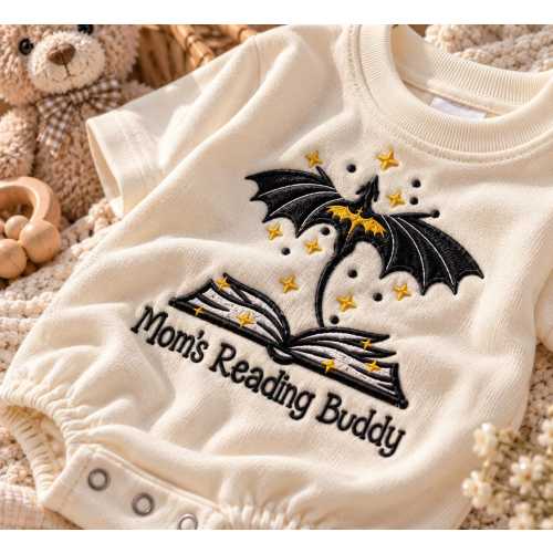 Mom's Reading Buddy Dragon Embroidered Baby Romper | Book Lover Baby Bodysuit, Storytime Newborn Outfit, Baby Shower Gift, Newborn Gift