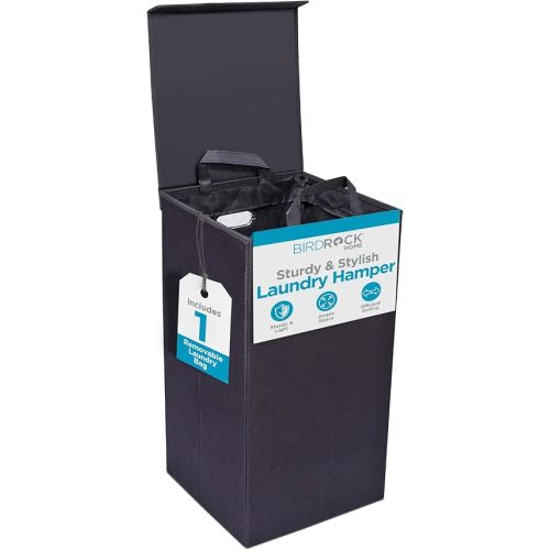 BIRDROCK HOME Single Laundry Hamper with Lid and Removable Liner | Linen | Easily Transport Laundry | Foldable Hamper | Cut Out Handles