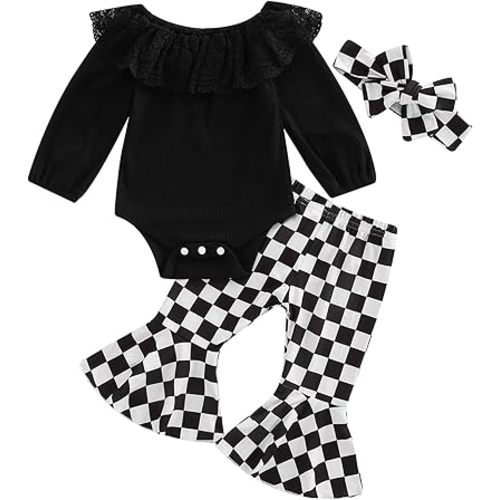 SAYOO Newborn Baby Girl Clothes Infant Rib Frill Long Sleeve Romper Floral Flared Pants Headband 3pcs Fall Winter Outfits