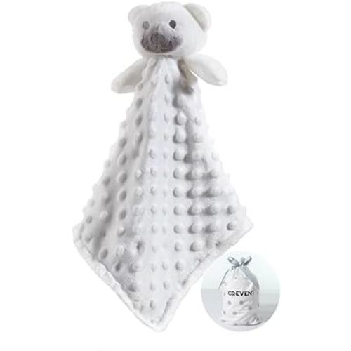 CREVENT Soft Cute Snuglling Toy Baby Security Blankies Unisex, Minky Dot Front + Sherpa Backing (White Bear)