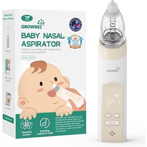 GROWNSY Nasal Aspirator for Baby, Electric Baby Nose Sucker, Automatic Nose Cleaner with Larger Suction Chamber and More Powerful Suction, Music and Light Soothing Function, Beige