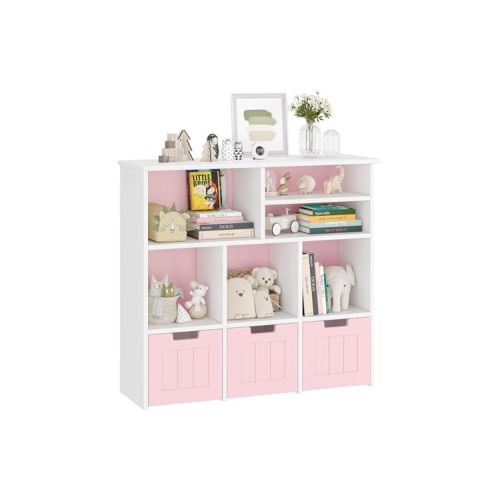 Kids Bookcase Toy Organizer - White/Pink Storage Cabinet with 3 Movable Drawers, Hidden Wheels | Multi-Purpose Nursery & Playroom Furniture,Pink