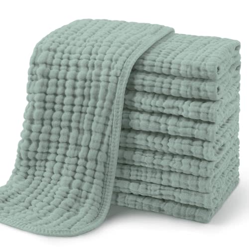 Yoofoss Muslin Burp Cloths for Baby 10 Pack 100% Organic Cotton Baby Washcloths for Boys Girls Large 20''X10'' Super Soft and Absorbent Dark Green