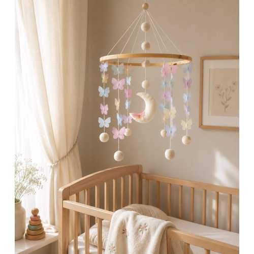 Pastel Butterfly Moon Baby Mobile, Felt Nursery Decor, Wooden Hoop Crib Decor