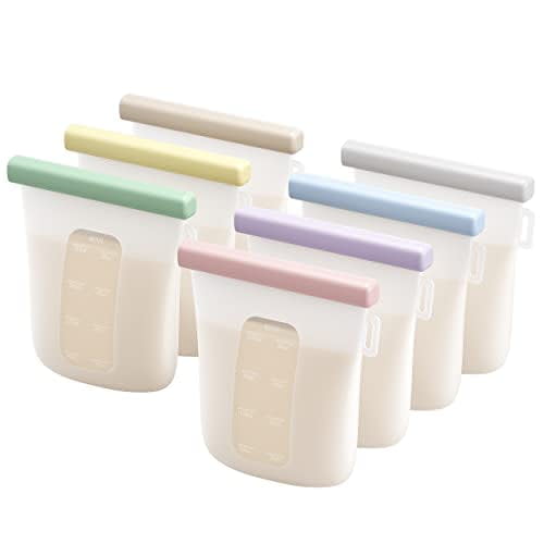 7 Pcs Silicone Breastmilk Storage Bags Reusable, 8oz/240ml Double Leak-Proof Breastmilk Freezer Bags, BPA Free Self-Standing Milk Bags for Breastfeeding, Baby Food Pouches