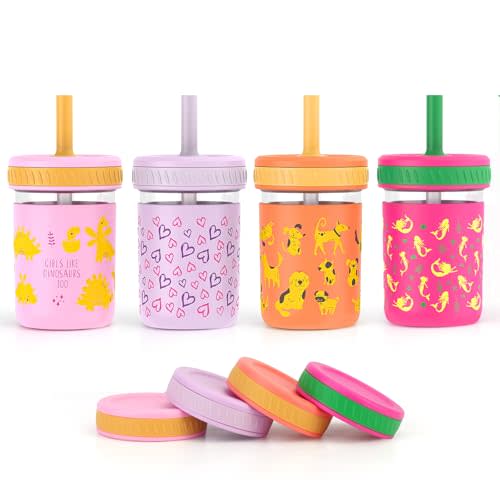 Sursip Toddler Glass Sippy Cups, Kids Baby 12 oz Spill-Proof Water Tumbler with Straw and Lids, Smoothie Snack Mason Jar For Travel School or At Home, 4 Packs BPA-Free