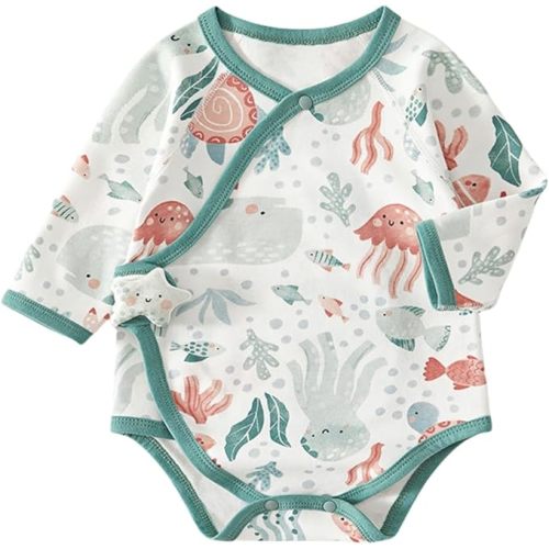 (12m) BINIDUCKLING Kimono Style Baby Wrap Over Long Sleeve Bodysuit with Cute Animal Shaped Hook and Loop Closure