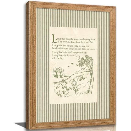 Framed Vintage Boy Nursery Canvas Wall Art Long Live Boyhood Poem Wall Decor Teen Boys Children's Nursery Painting Picture Cottagecore Sketched Kids Poem Art Print for Boys Room Playroom Home Decor