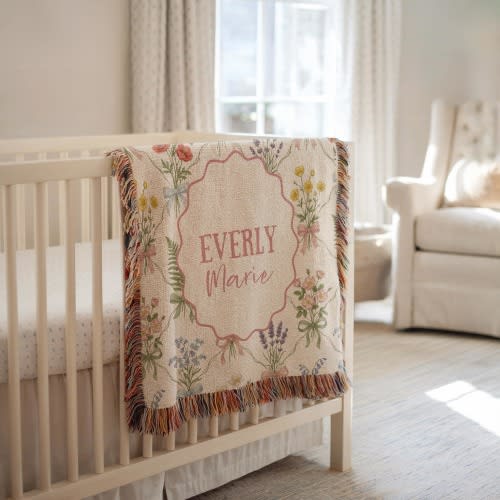 Personalized Floral Bow Baby Blanket Cotton Woven Blanket Girl Nursery Decor Custom Baby Blanket Floral Baby Shower Baby Gift